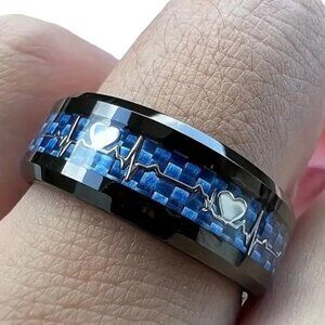 Black Tungsten Carbide Ring With Blue Carbon Fiber Inlay & Heartbeat Design Sz 7
